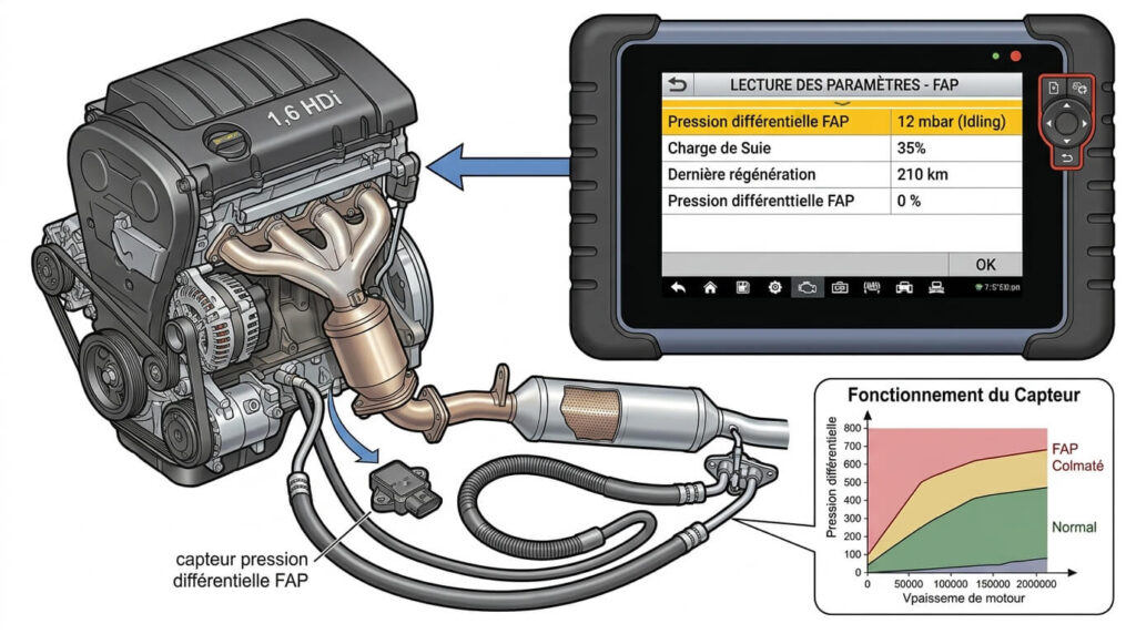 Lecture des paramètres de pression différentielle sur un moteur 1.6 HDi.