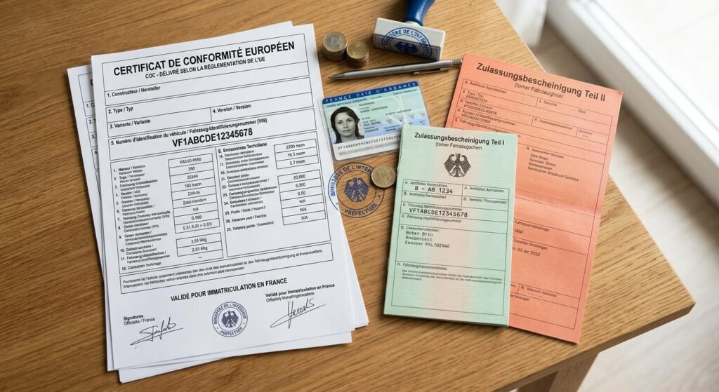 Certificat de conformité européen (COC) et carte grise allemande nécessaires pour l'immatriculation en France.