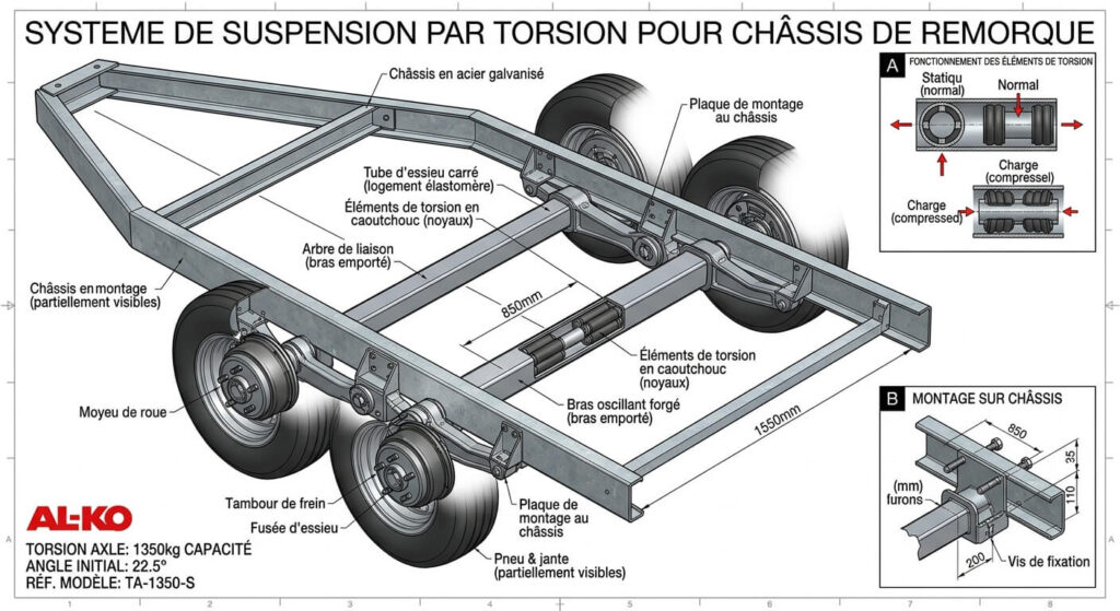 Vue technique d'un système de suspension par torsion pour châssis de remorque.