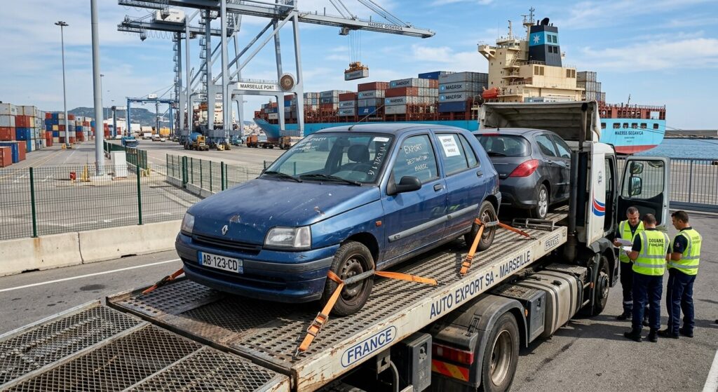 Véhicule d'occasion chargé pour une exportation hors du territoire français.