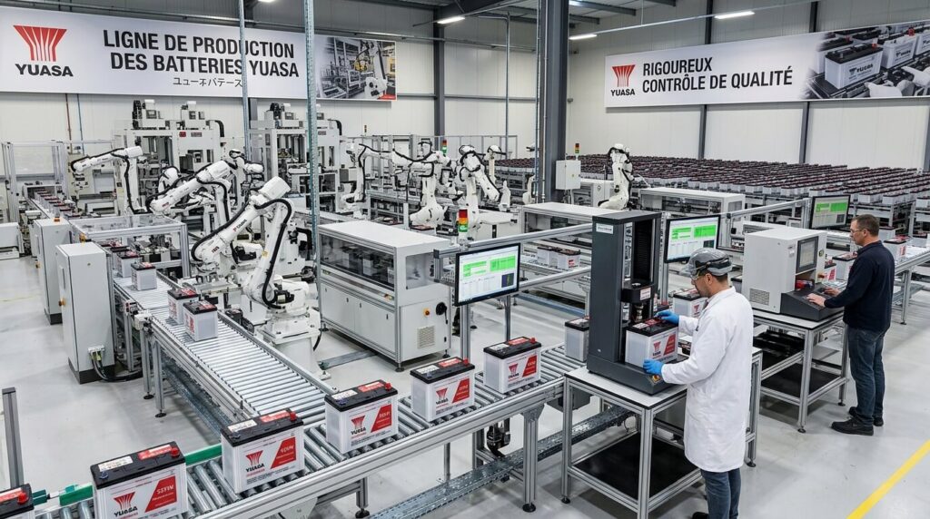 Ligne de production et contrôle qualité des batteries Yuasa.