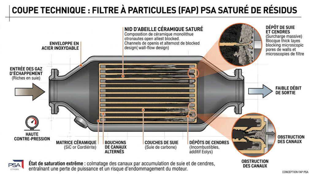 Coupe technique d'un filtre à particules PSA saturé de résidus de combustion.