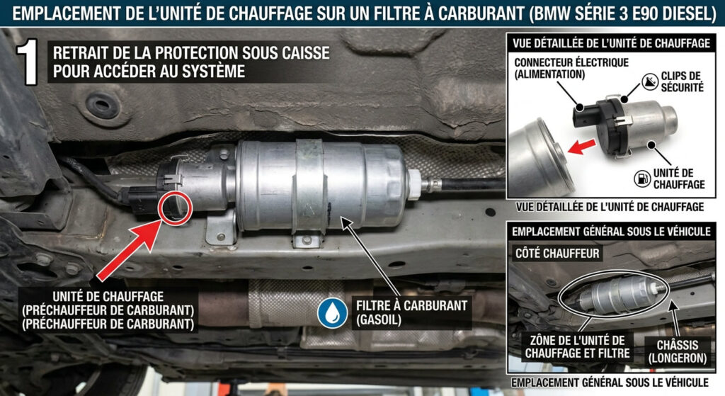 Emplacement de l'unité de chauffage sur un filtre à carburant de BMW Série 3 E90.