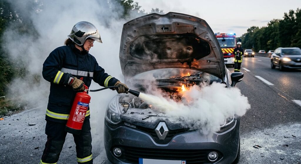 Intervention sur un début d'incendie moteur avec un extincteur à poudre.
