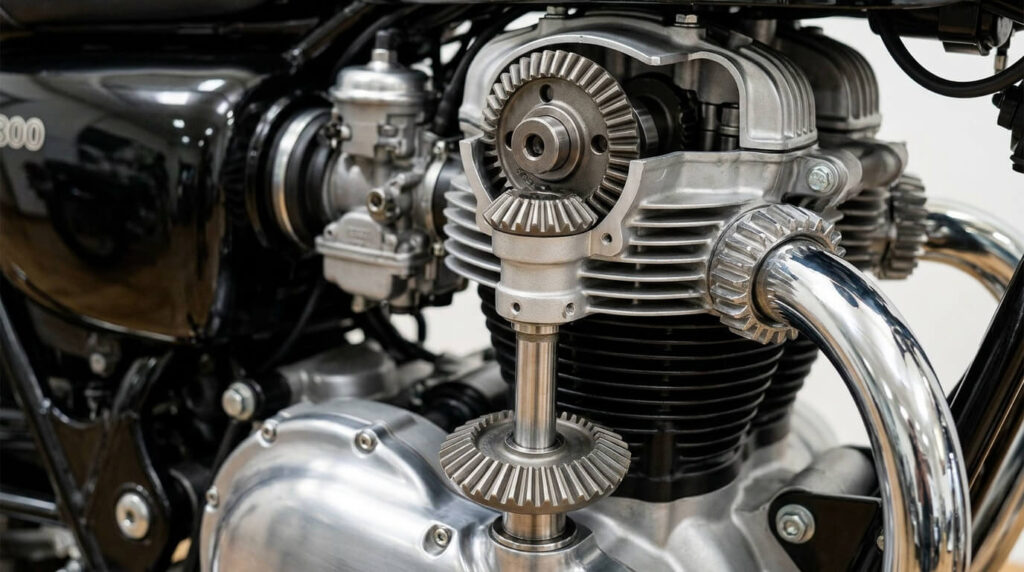 Gros plan sur la distribution par couple conique du moteur bicylindre de la Kawasaki W800
