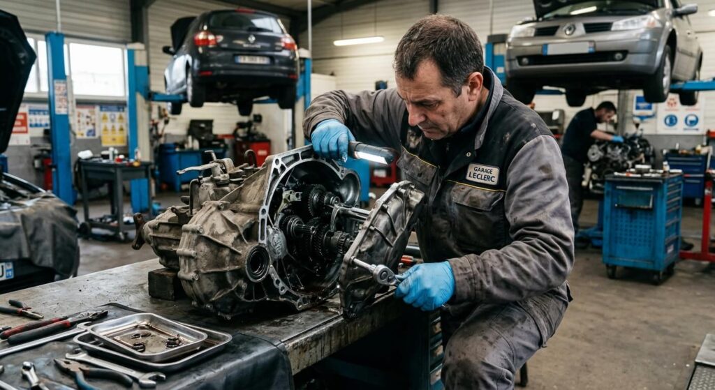 Mécanicien automobile démontant un carter de boîte mécanique pour vérifier les baladeurs.