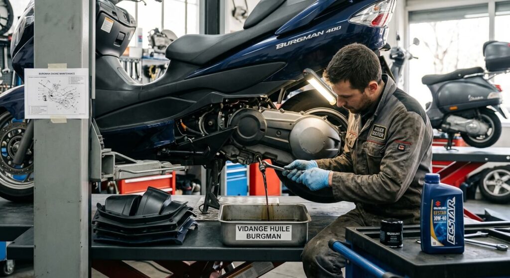 Opération de maintenance et de vidange d'huile sur le moteur d'un Burgman.