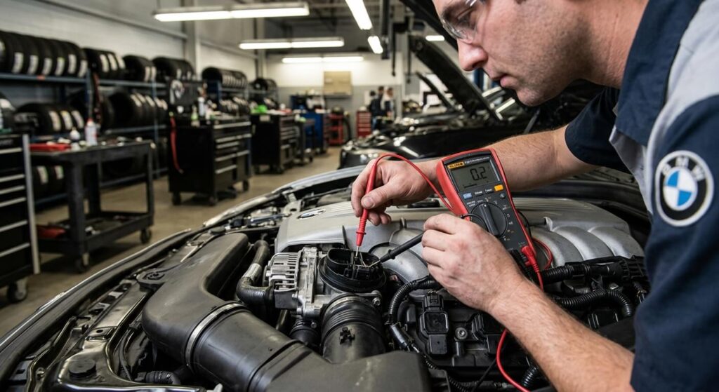 Test de continuité électrique sur un composant moteur BMW.