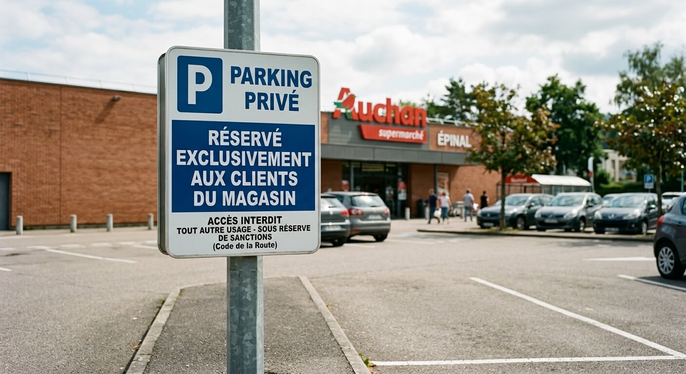 Panneau de signalisation indiquant un parking privé réservé exclusivement aux clients d'un magasin.