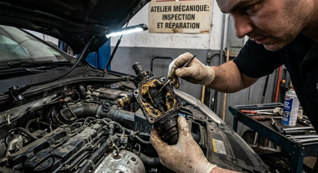 Les causes d'un bouchon d'huile moteur qui saute en roulant 3 Inspection d'une valve de reniflard encrassée par des dépôts de calamine et d'huile solidifiée.