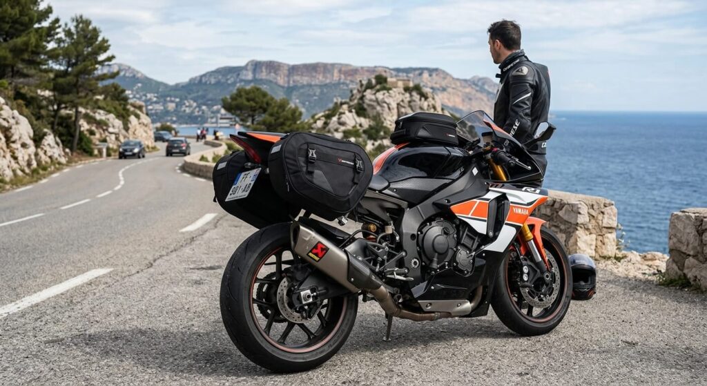 Sacoches cavalières souples installées sur une moto sportive, illustrant une solution de transport légère et amovible.