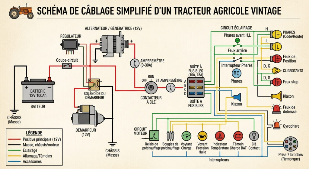 Schéma de câblage simplifié pour un tracteur agricole vintage.