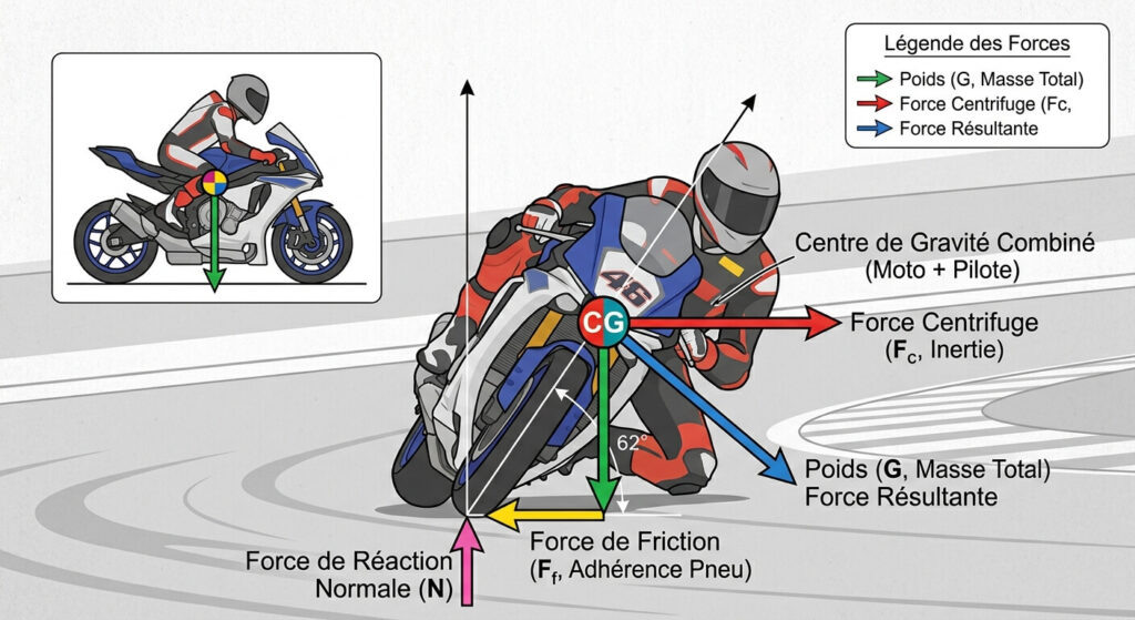 Schéma technique illustrant le centre de gravité et les vecteurs de forces lors d'un virage à moto