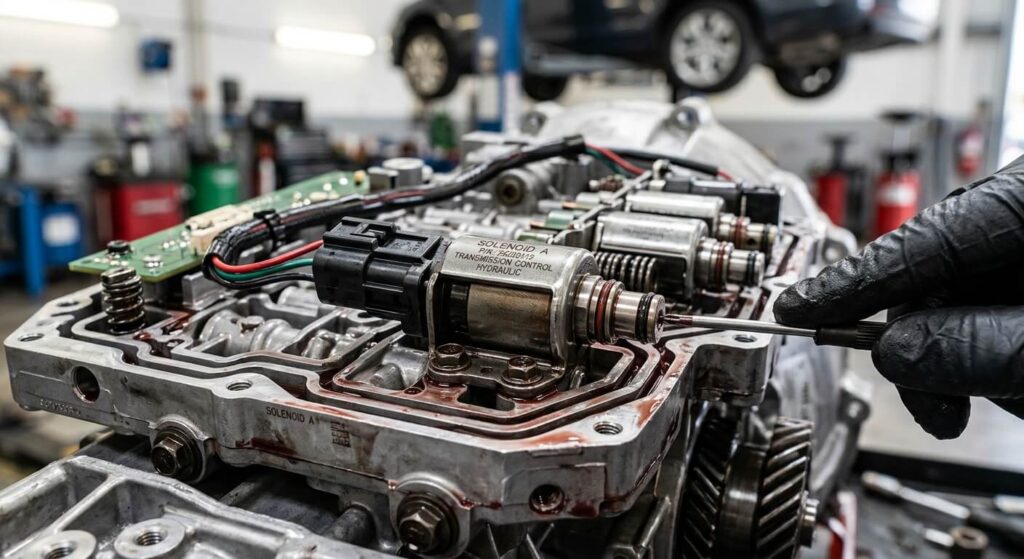 Gros plan sur une électrovanne (solénoïde) de commande hydraulique de boîte auto.