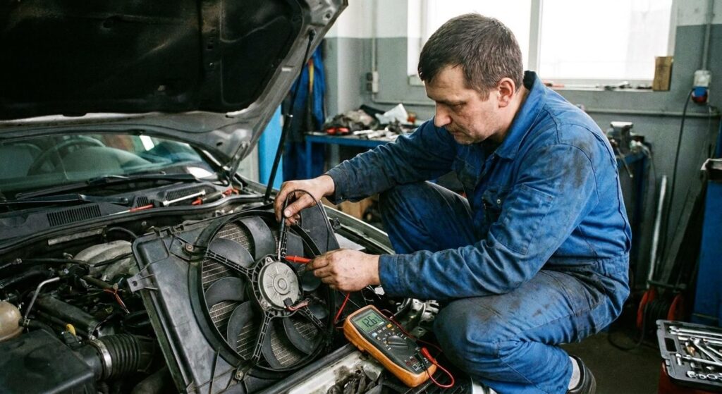 Mécanicien mesurant la tension électrique aux bornes du moteur du ventilateur de refroidissement
