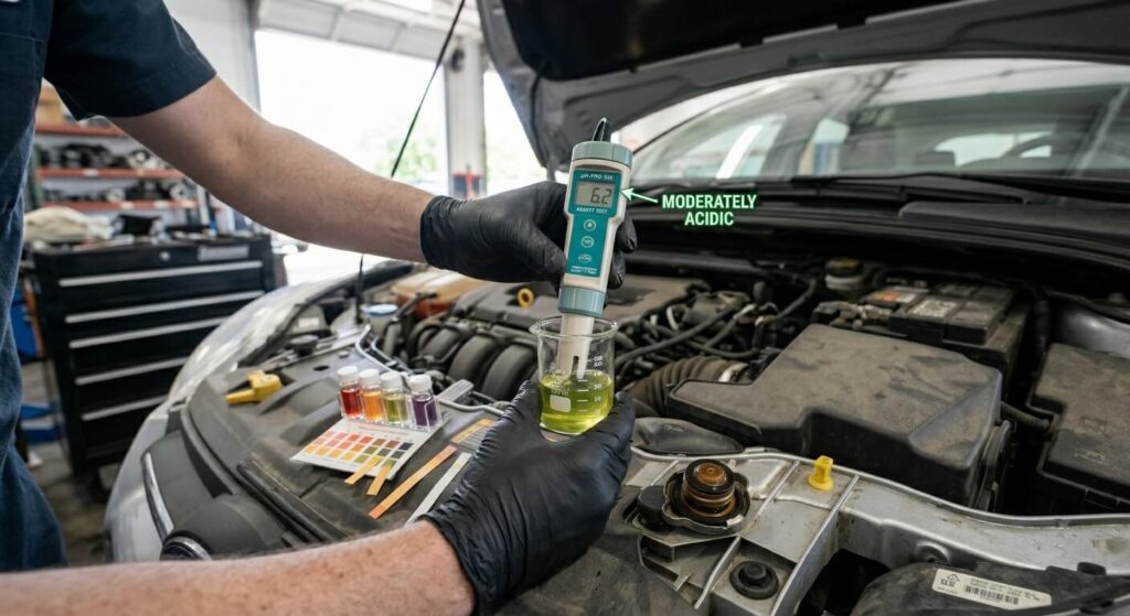 Mesure de l'acidité d'un liquide de refroidissement pour vérifier son état chimique.
