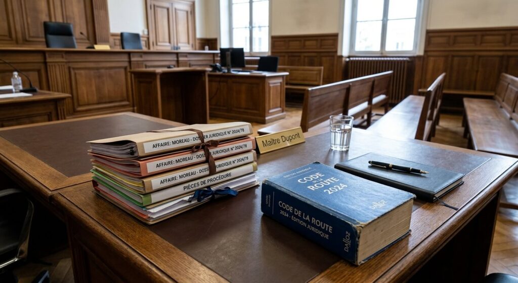 Dossiers juridiques et code de la route déposés sur la table d'une salle d'audience de tribunal.