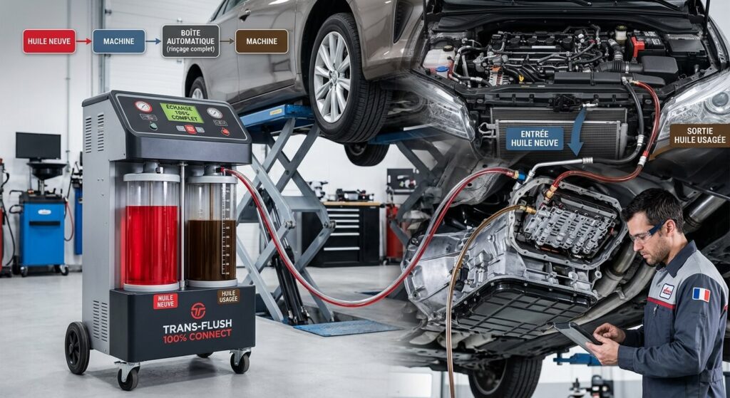 Machine de rinçage connectée à une boîte automatique pour remplacer 100% de l'huile.Machine de rinçage connectée à une boîte automatique pour remplacer 100% de l'huile.