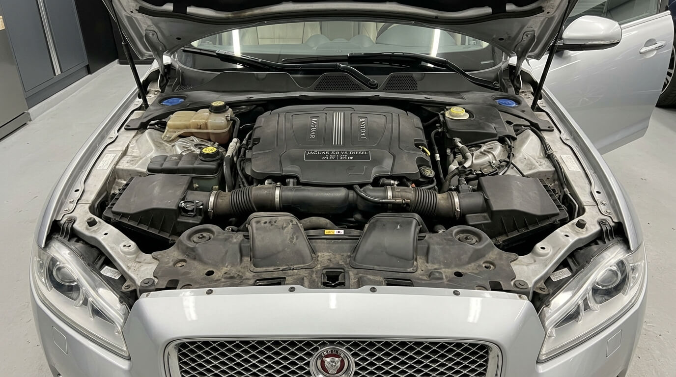 Le moteur 3.0 V6 Diesel de 275 chevaux sous le capot d'une berline de luxe Jaguar XJ.