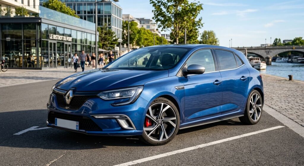 Mégane 4 GT 205 : problèmes connus et fiabilité 2 Une Renault Mégane 4 GT bleu iron stationnée en extérieur, mettant en avant ses jantes sportives.