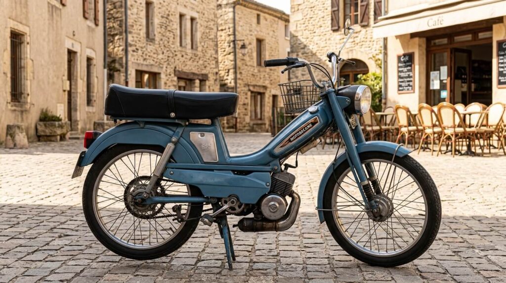 Une mobylette vintage Motobécane équipée d'une longue selle biplace et de cale-pieds passager arrière.