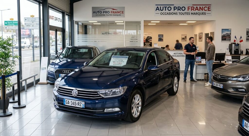 Une berline allemande d'occasion exposée dans le showroom d'un garage automobile en France.