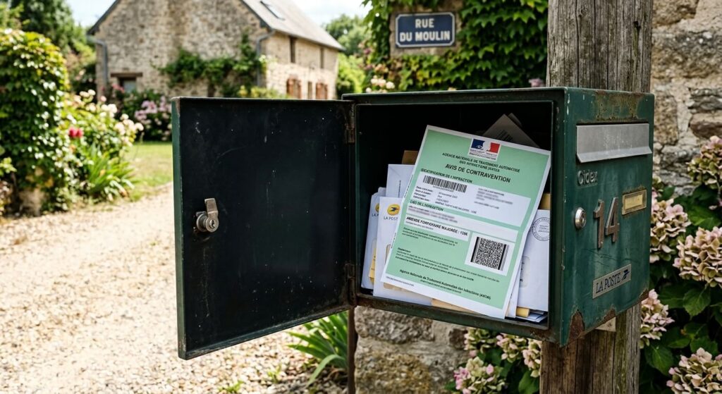 Une boîte aux lettres ouverte contenant un avis de contravention vert officiel issu du traitement automatisé.