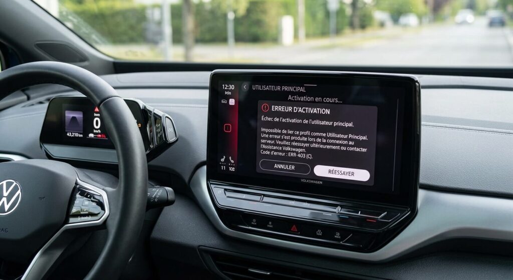 Impossible de devenir utilisateur principal We Connect : solutions 2 Écran d'infodivertissement Volkswagen affichant un message d'erreur lors de l'activation de l'utilisateur principal.