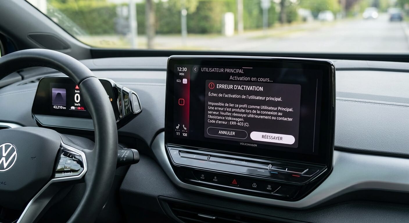 Écran d'infodivertissement Volkswagen affichant un message d'erreur lors de l'activation de l'utilisateur principal.