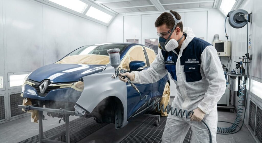 Un élève en bac pro carrosserie-peinture appliquant une couche d'apprêt au pistolet dans une cabine professionnelle.