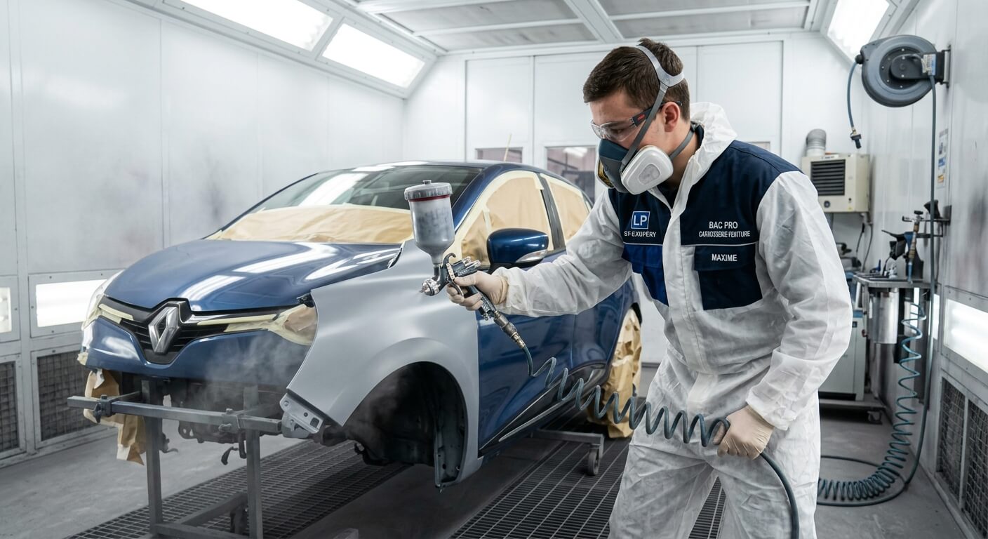 Un élève en bac pro carrosserie-peinture appliquant une couche d'apprêt au pistolet dans une cabine professionnelle.