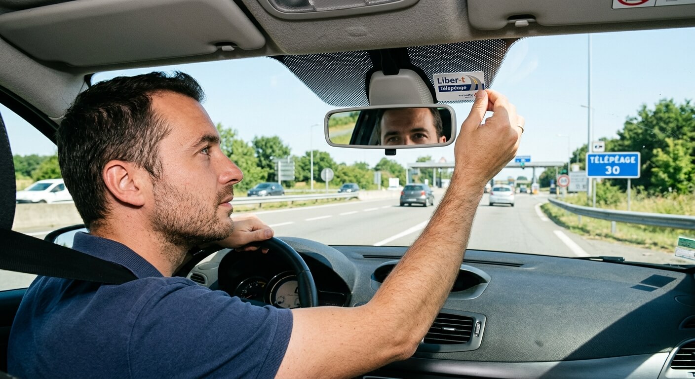 Un conducteur positionnant son badge de télépéage derrière le rétroviseur central sur la zone noire du pare-brise.