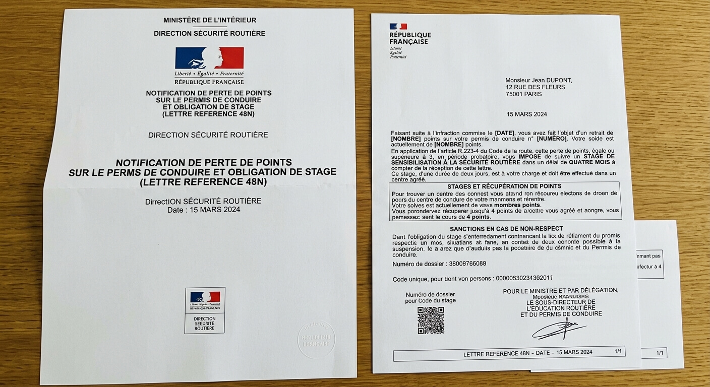 Le document officiel de la lettre 48N envoyé par le ministère de l'Intérieur concernant une perte de points sur le permis.