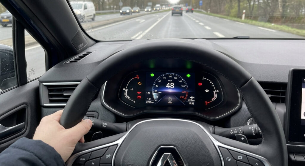 Le tableau de bord d'une voiture avec les voyants de direction éteints malgré l'action sur le levier.