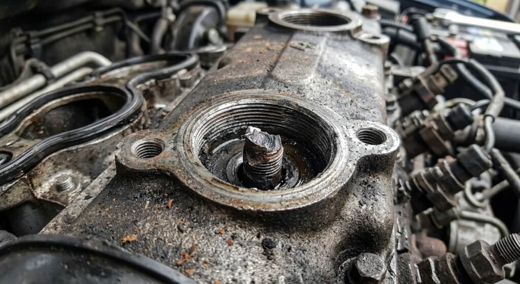 Le filetage d'une bougie de préchauffage cassé au ras du bloc moteur de la culasse.