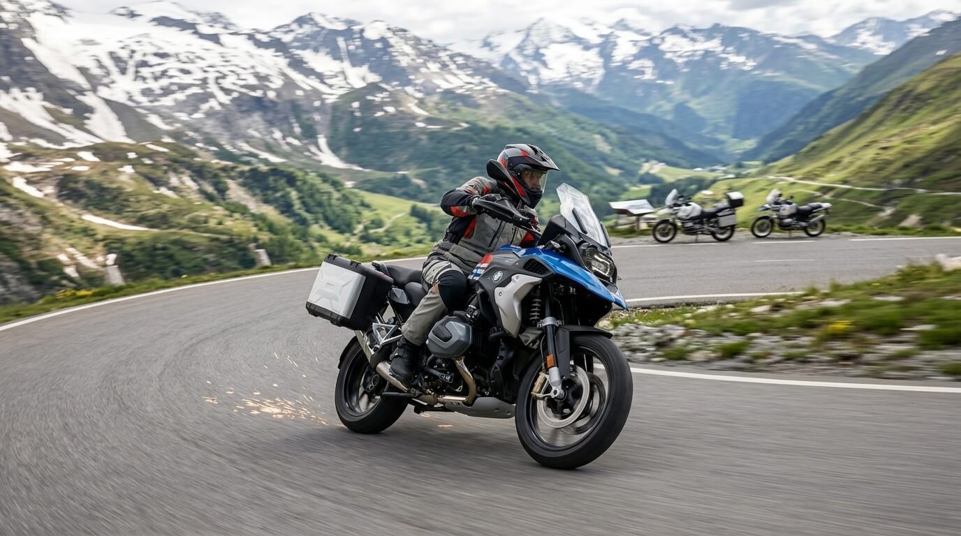 La nouvelle BMW R 1300 GS en action sur une route de montagne, illustrant ses performances routières.
