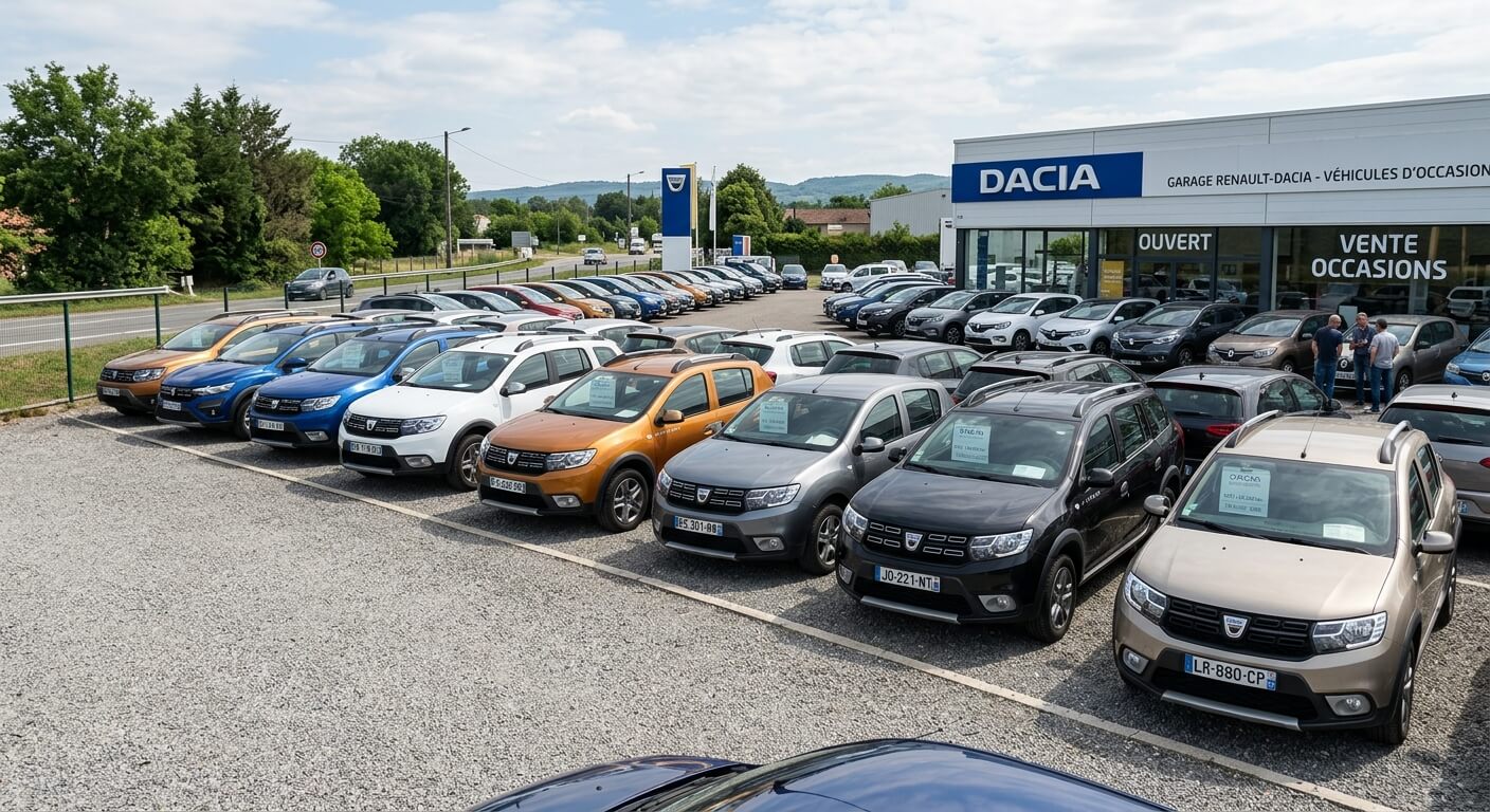 Un alignement de modèles Dacia Sandero et Duster d'occasion récents sur le parc d'un concessionnaire automobile.
