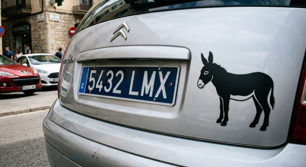 Gros plan sur le coffre d'une voiture affichant le sticker noir représentant un âne catalan à côté de la plaque.