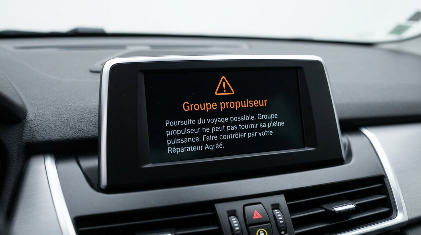 L'écran central iDrive d'une BMW affichant le message d'avertissement orange concernant le groupe propulseur.