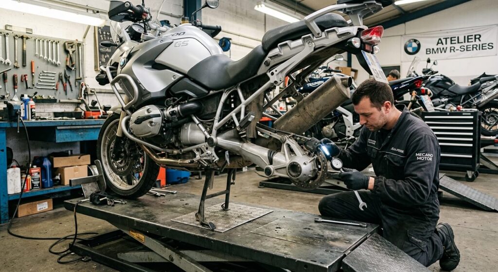 Une BMW R 1200 GS en atelier lors d'un contrôle mécanique du bras oscillant et du cardan.