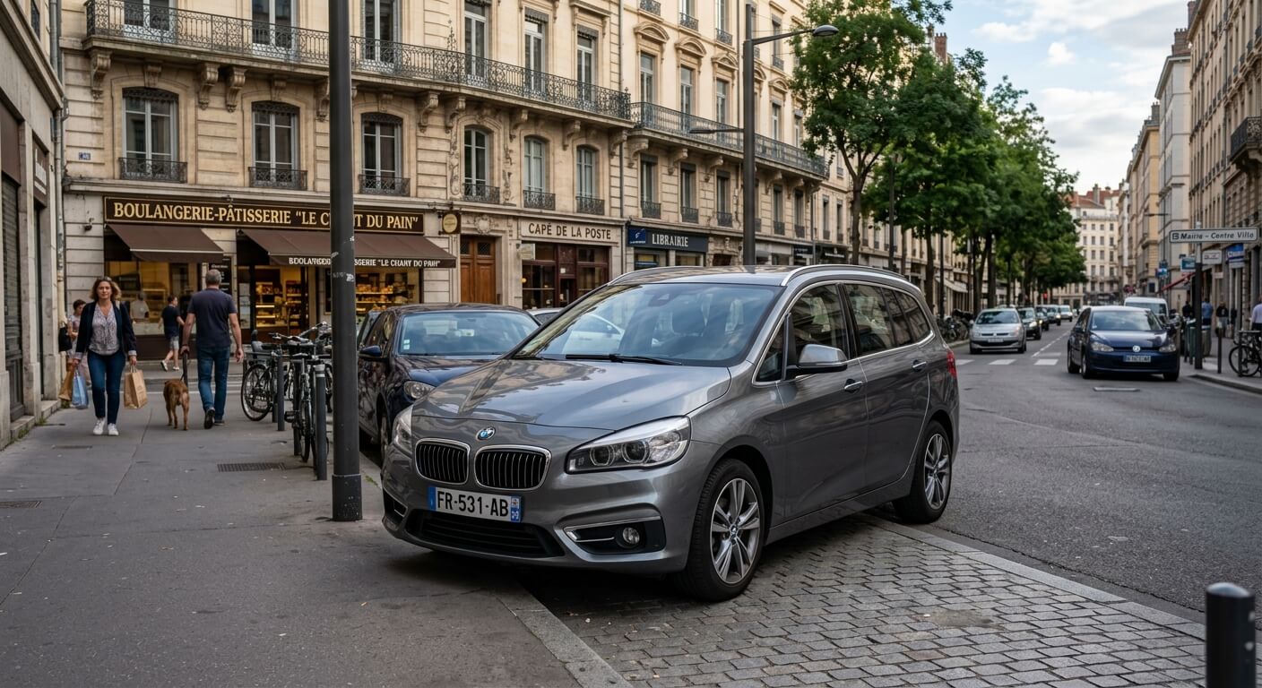 Un monospace BMW Série 2 Gran Tourer gris stationné en milieu urbain.