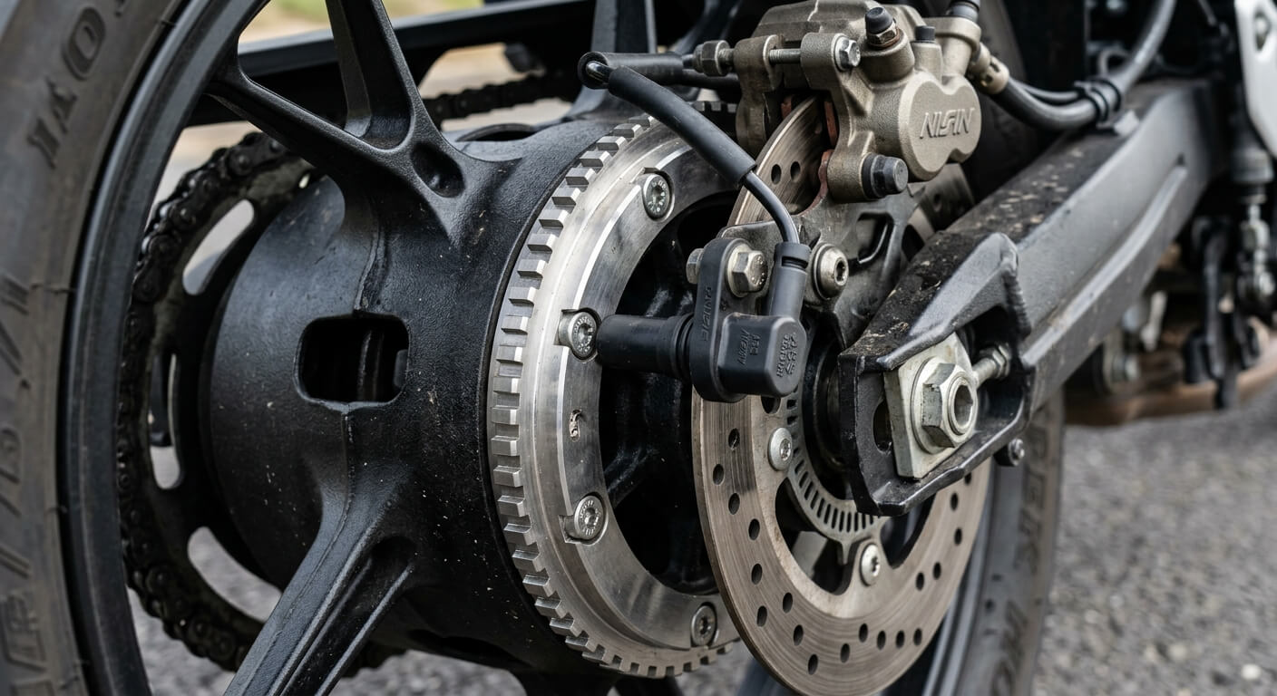 Gros plan sur la couronne crantée et le capteur de vitesse de rotation fixés sur la roue d'une moto.