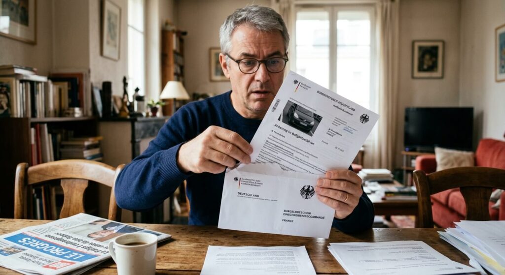 Délai de réception d'une amende en Allemagne : quand va-t-on recevoir le PV ? 3 Un automobiliste français ouvrant une lettre d'amende officielle provenant des autorités allemandes.