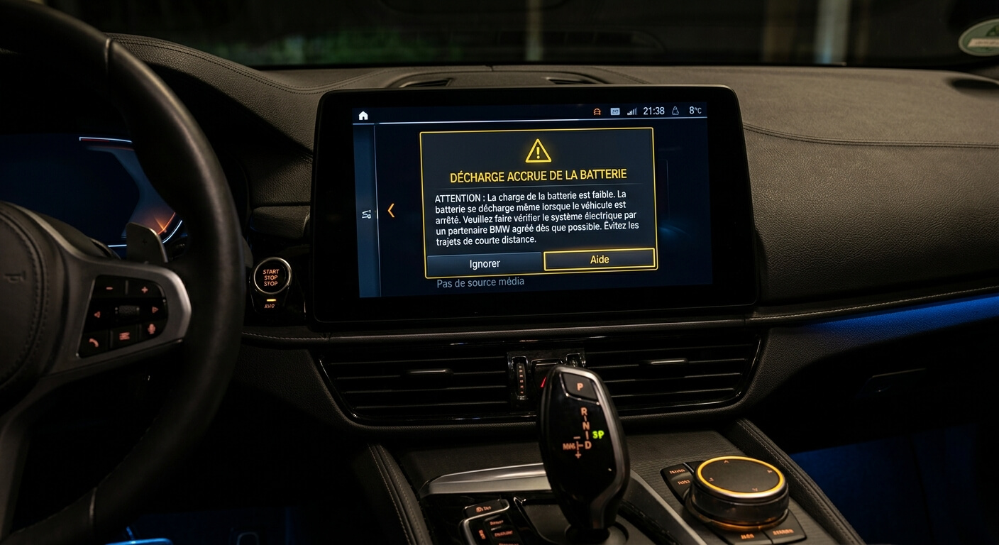 L'écran central iDrive d'une BMW affichant le message d'alerte jaune concernant la décharge de la batterie.