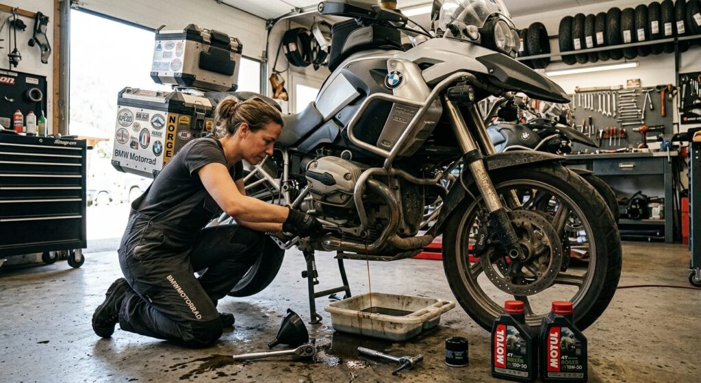Vidange du moteur bicylindre à plat (Boxer) d'une moto de voyage BMW.