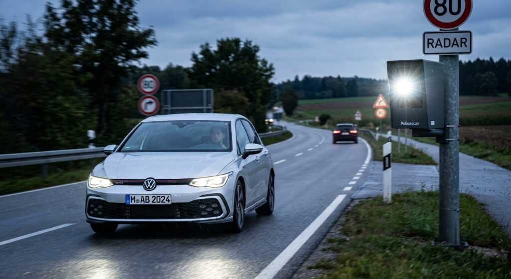 Délai de réception d'une amende en Allemagne : quand va-t-on recevoir le PV ? 2 Une voiture flashée par un radar automatique de face sur une route allemande.
