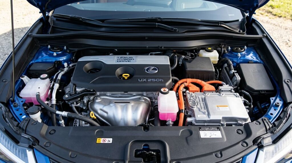 Vue du système hybride auto-rechargeable sous le capot d'un Lexus UX 250h.