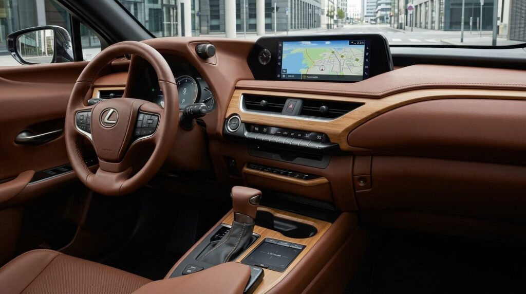 Habitacle luxueux et console centrale d'un Lexus UX 250h en finition Luxe.