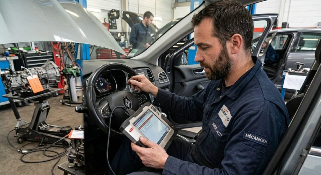 Un mecanicien utilisant une valise de diagnostic pour identifier un défaut de boîte de vitesses.