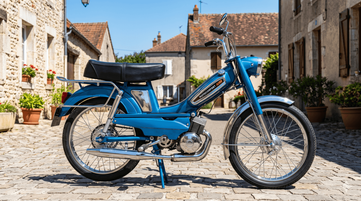 Une mobylette Motoconfort AU88 de 1970 entièrement restaurée, brillant sous le soleil.